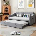 Upholstered Bed Sofa, 2-in-1 Multifunctional with Socket & Storage Bag, Light Grey Velvet
