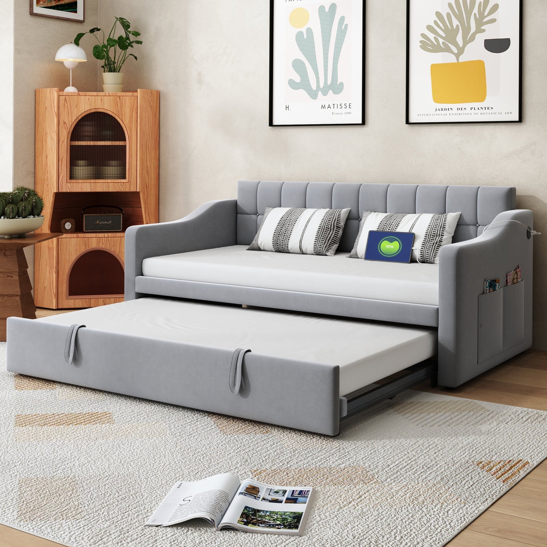 Upholstered Bed Sofa, 2-in-1 Multifunctional with Socket & Storage Bag, Light Grey Velvet