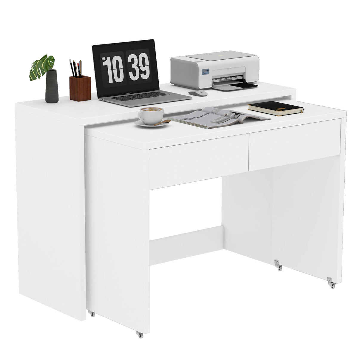 Desk + Chest of Drawers, 2-in-1 Extendable Compact Foldable, 1.8cm Thick Wood