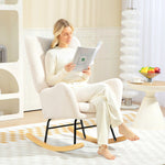 Rocking Chair, Armrests Lumbar Cushion Wooden Base, Cream White Teddy Fabric