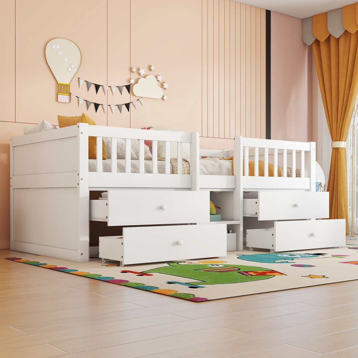 Mid-height Bed 90x200cm 4 Drawers Railing Ladder Pine Wood White