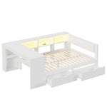 Platform Bed 140x200 with Shelves, Drawers & LED, White Wood