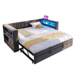 Upholstered Bed 90/180x190cm, LED Lighting, Sockets, Storage, Dark Grey