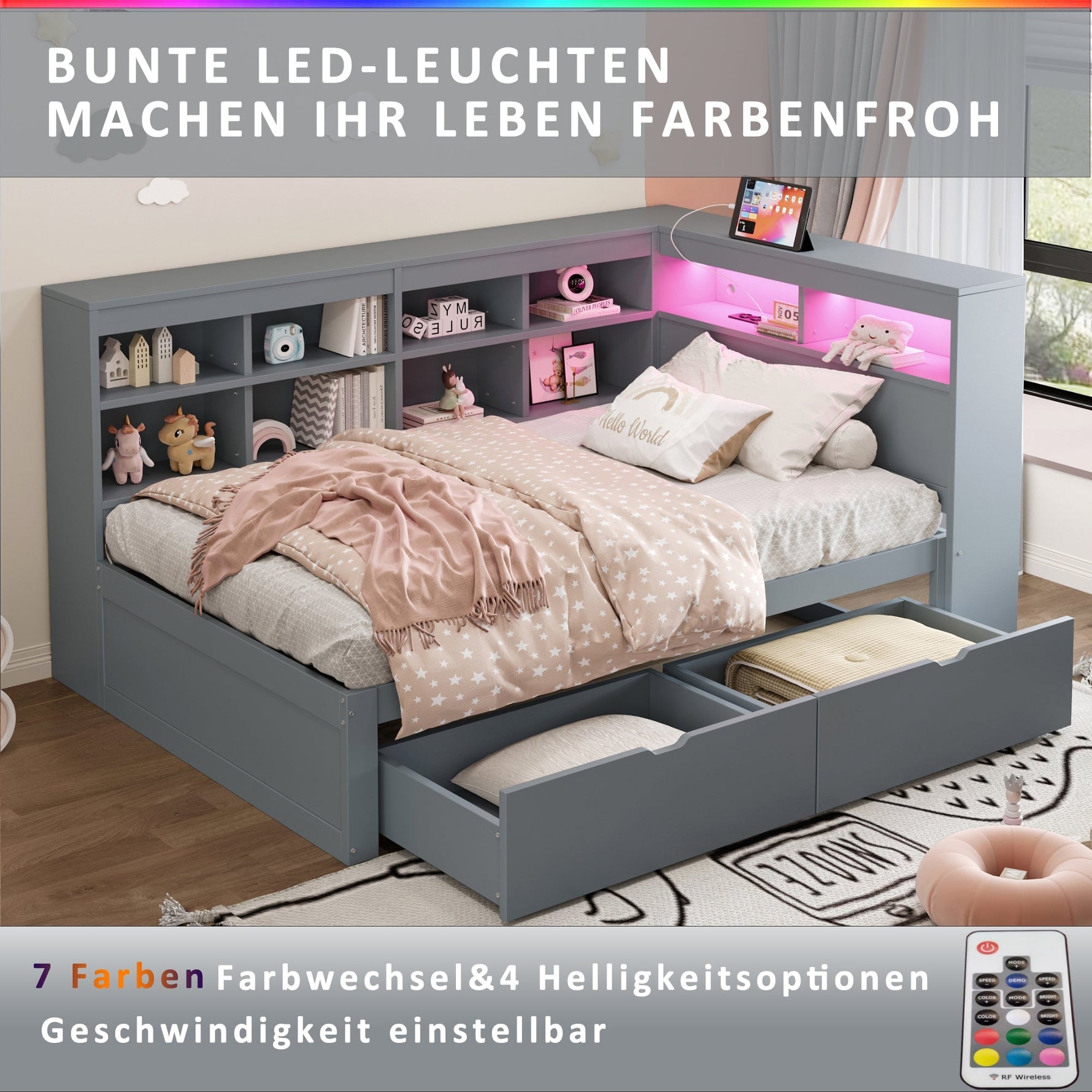 Solid Wood Sofa Bed 90x200cm Multifunctional Storage USB LED Grey