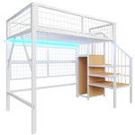 Iron Loft Bed, 90x200 with LED, Storage Stairs, Open Wardrobe, Black and White Metal