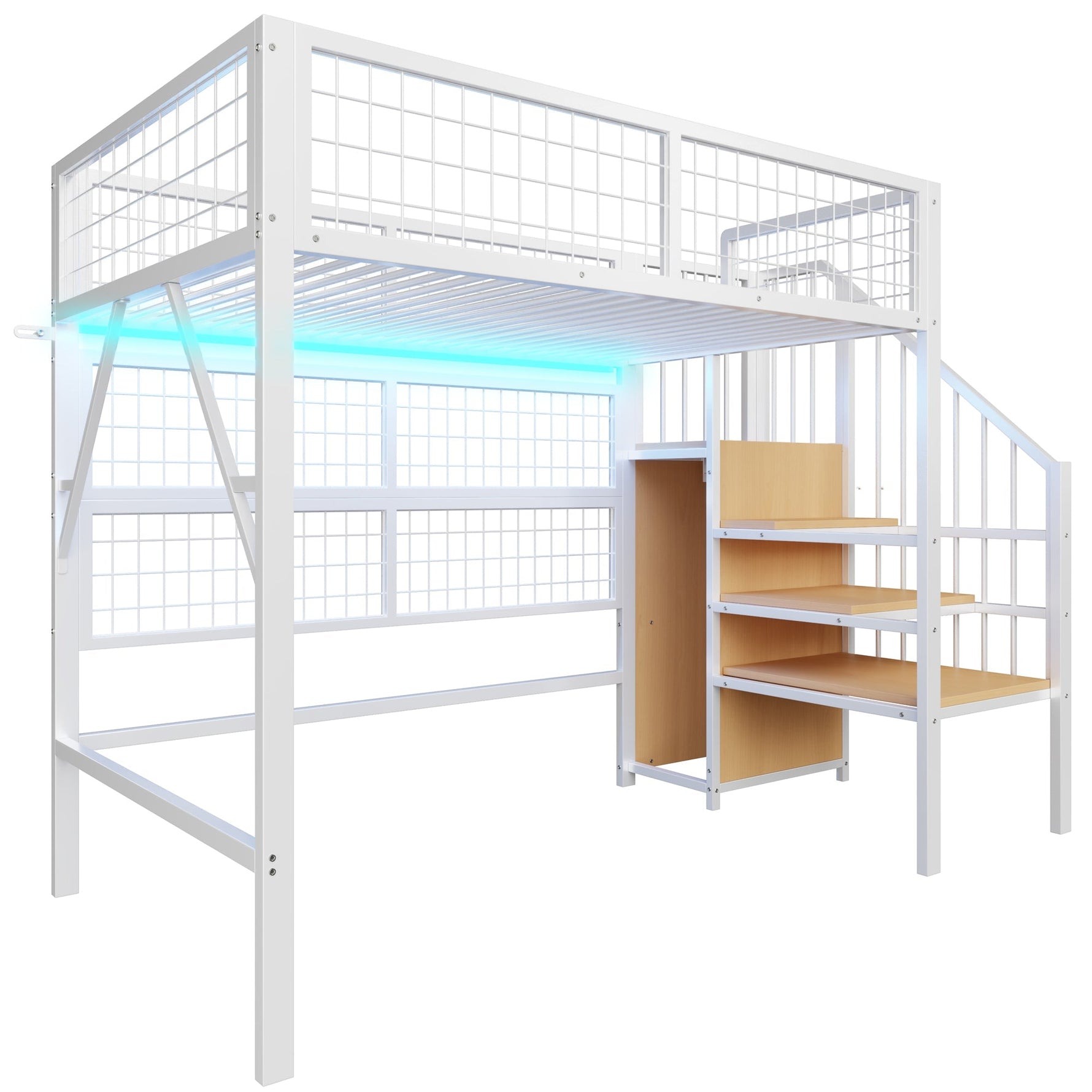 Iron Loft Bed, 90x200 with LED, Storage Stairs, Open Wardrobe, Black and White Metal