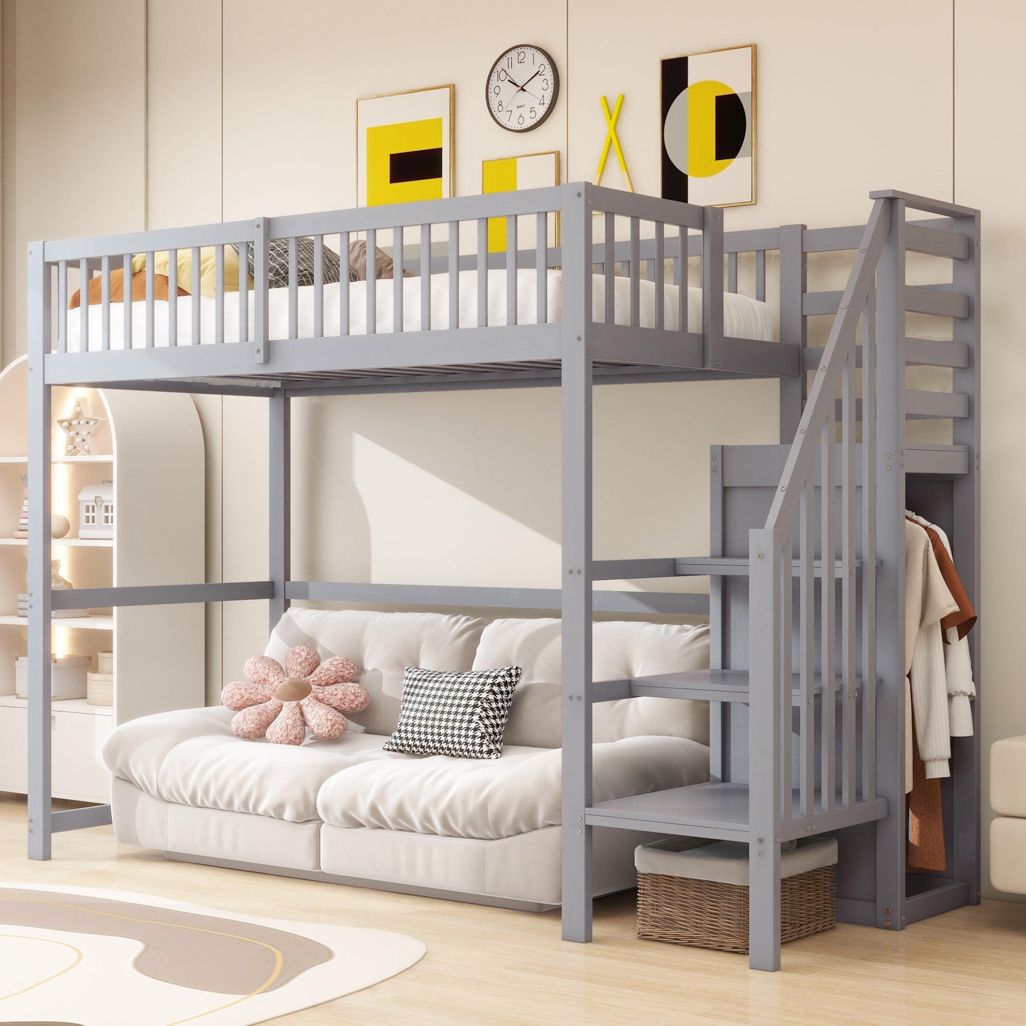 Loft Bed 90x200 with Stairs Storage Shelf Wardrobe Wooden Grey