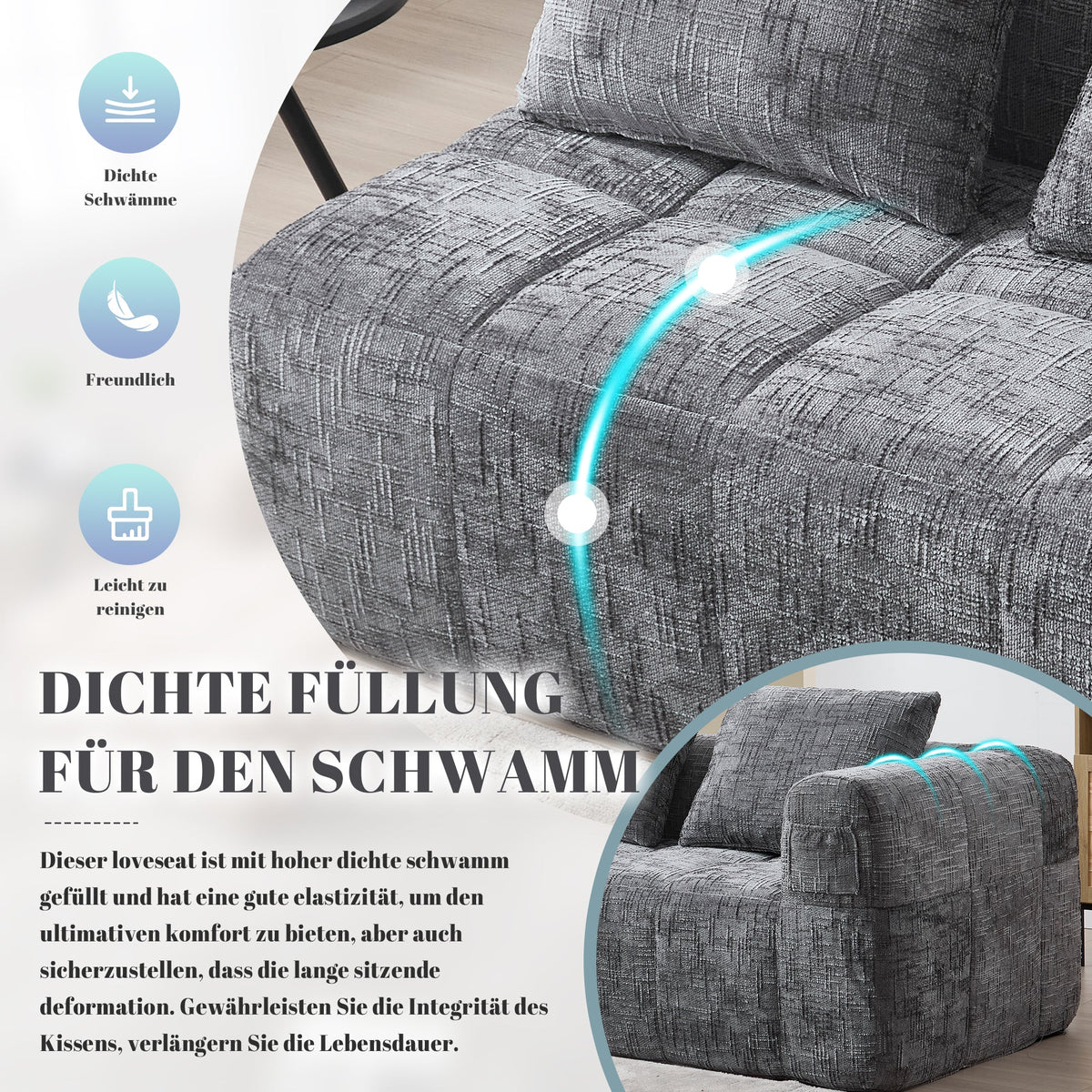 Sofa, Plush 2-Person No Assembly Side Pockets, Grey