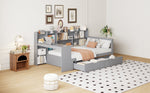 Sofa Bed, Multifunctional with Desk, Bookshelf, Storage & Power Outlet, Solid Wood, Grey