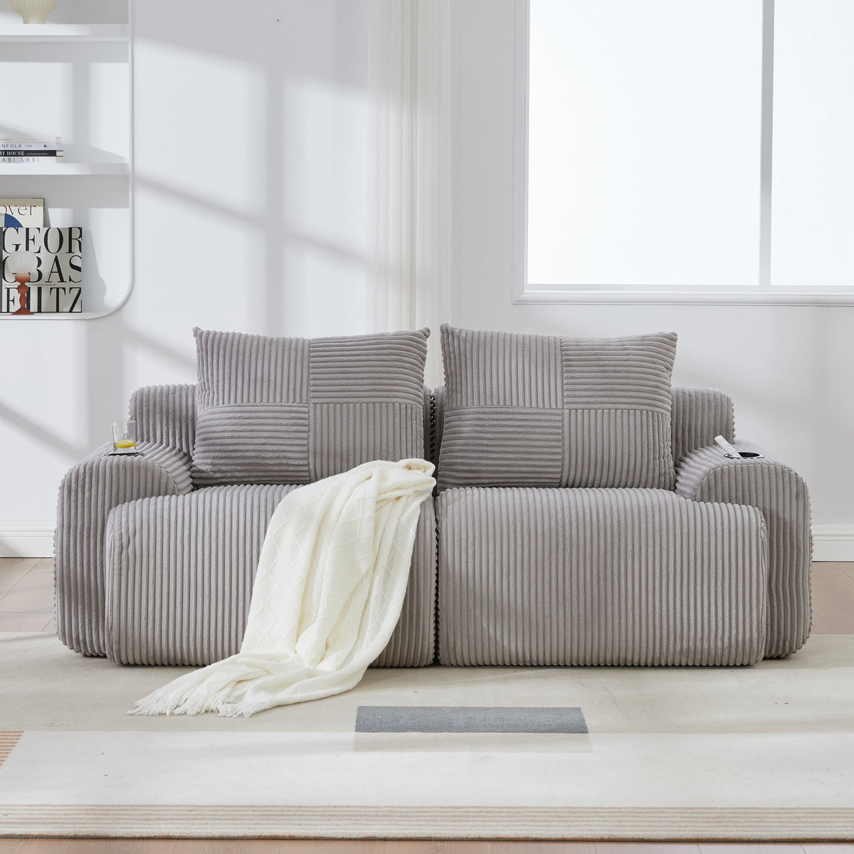 2-Seater Modular Sofa with Cup Holder and Side Pocket, Light Grey Corduroy