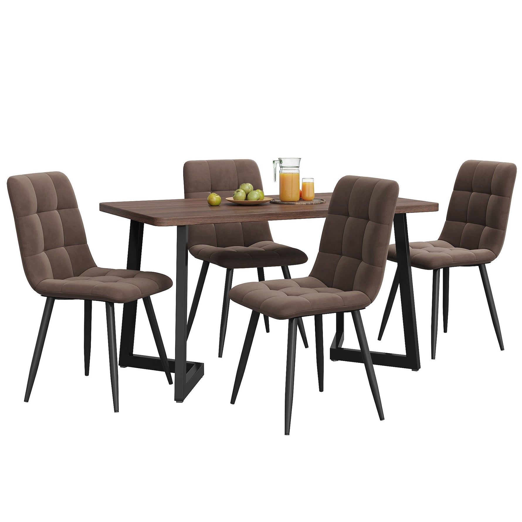 5-Piece Dining Set Modern Kitchen Table with 4 Chairs Black Metal, Walnut MDF & Brown Velvet