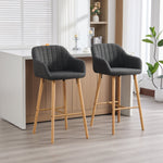 Modern European Bar Stools with High Backrest and Armrests, Set of 2, Beige Linen