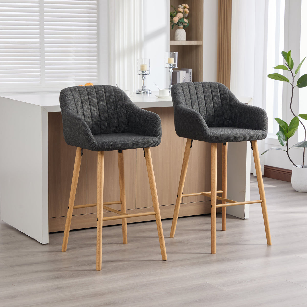 Modern European Bar Stools with High Backrest and Armrests, Set of 2, Beige Linen