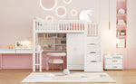 Loft Bed with Wardrobe, Shelf, Table & Storage Stairs, Wooden, White
