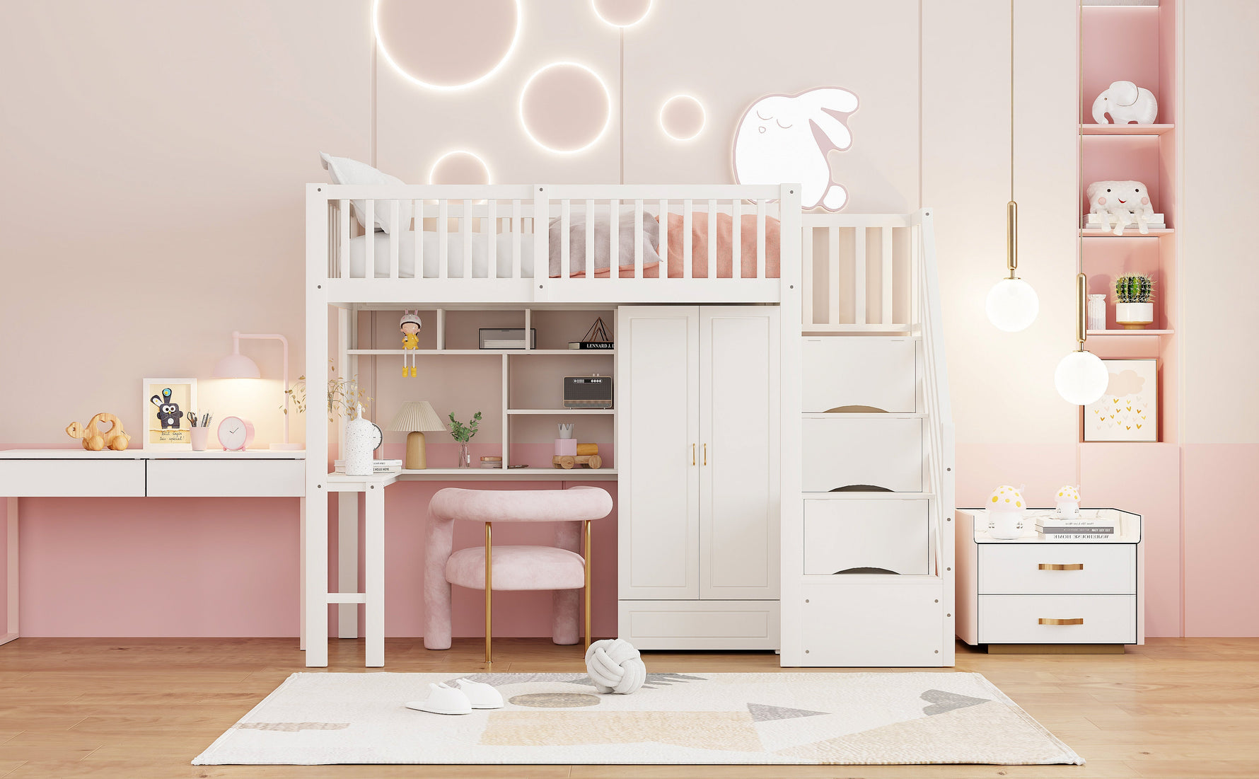 Loft Bed with Wardrobe, Shelf, Table & Storage Stairs, Wooden, White