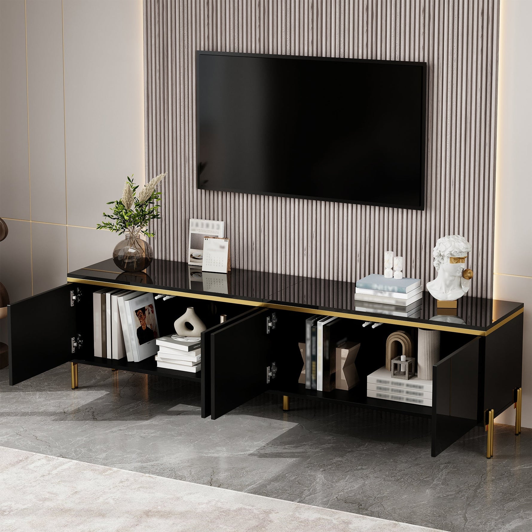 TV Stand Modern High-Gloss Storage 4 Doors Gold Trim