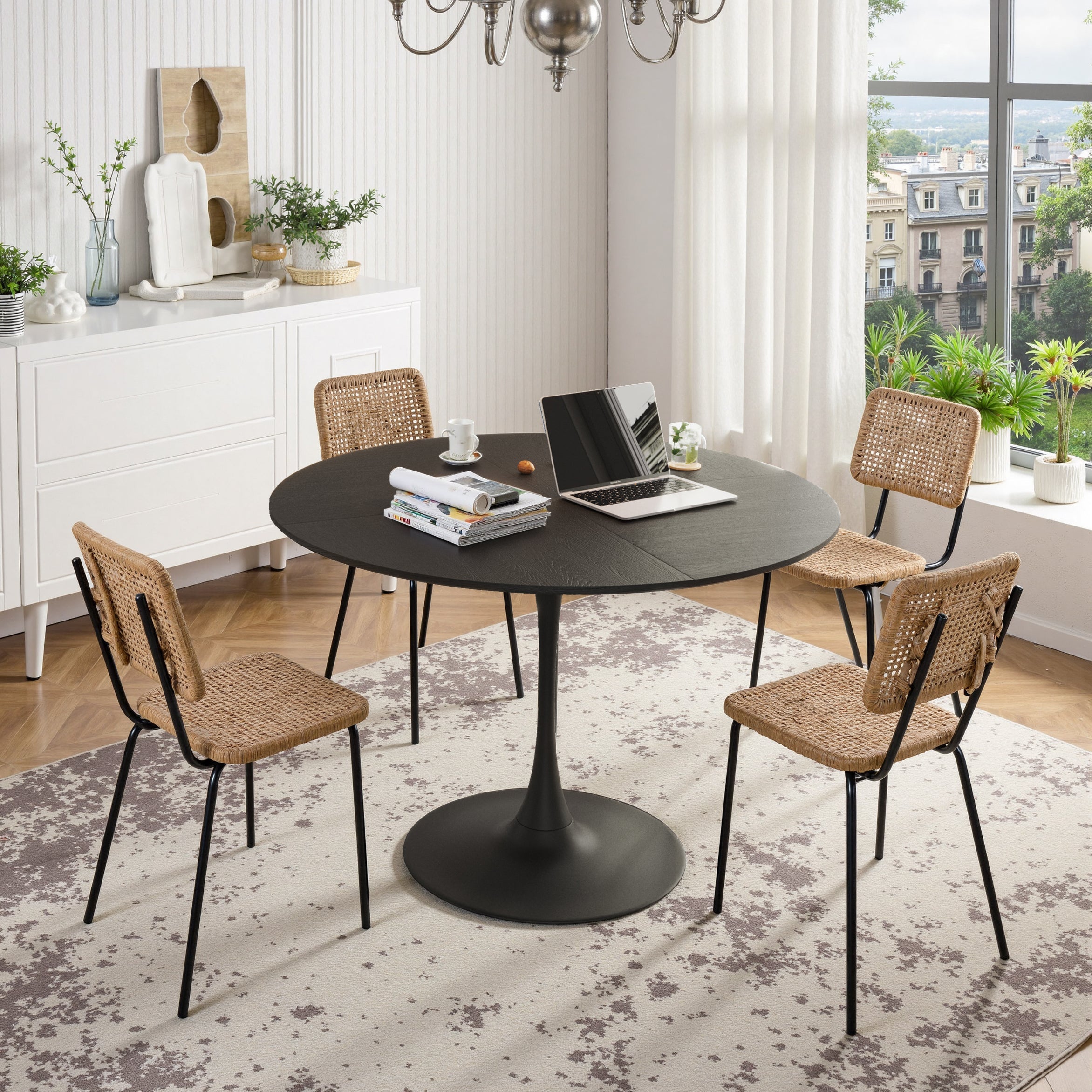 Modern Round Dining Table, Patchwork Black Wood Grain Top, Metal Base