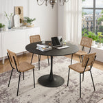 Modern Round Dining Table, Patchwork Black Wood Grain Top, Metal Base