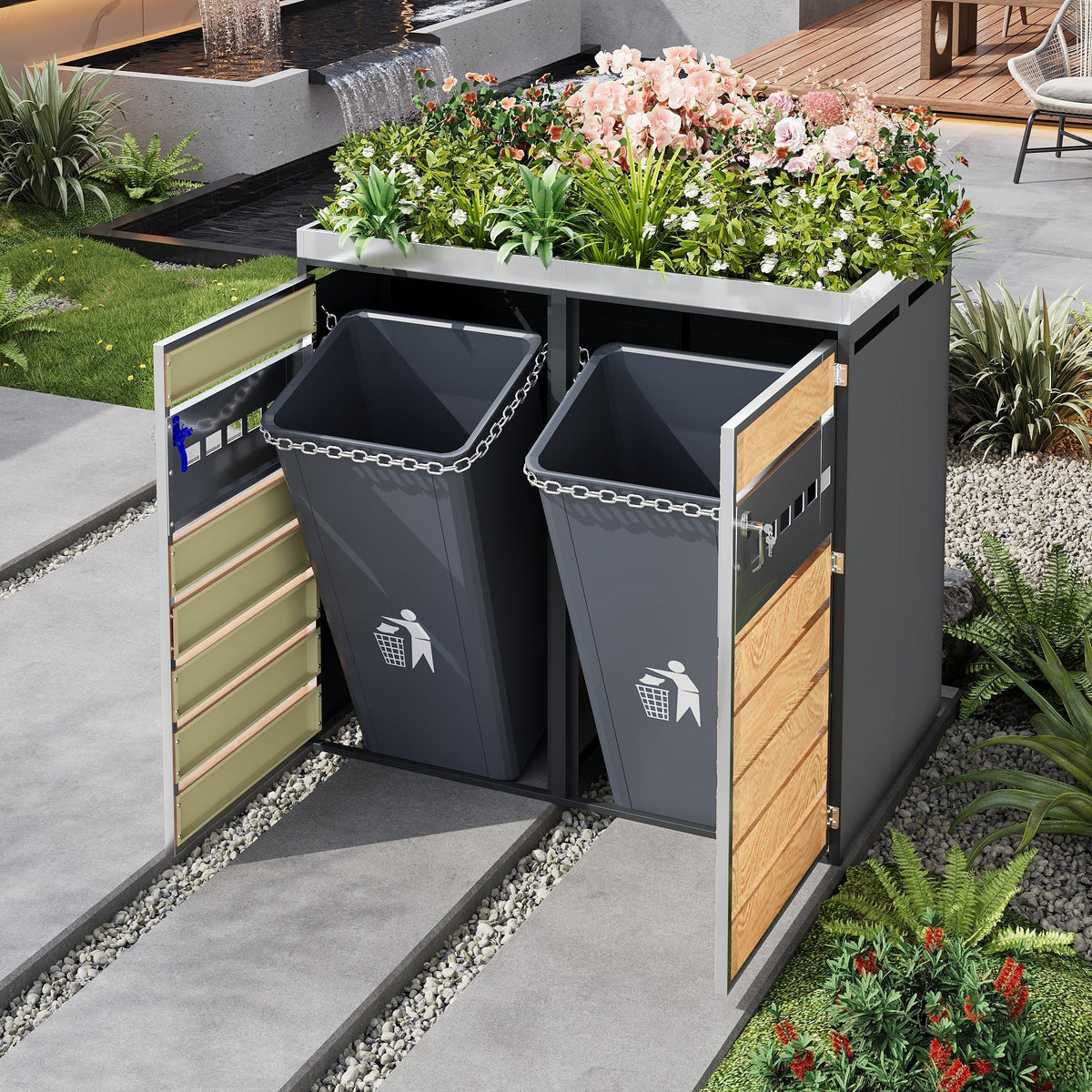 Trash Can Storage Box with Lockable Two Doors and Planting Area, Ventilation, Steel