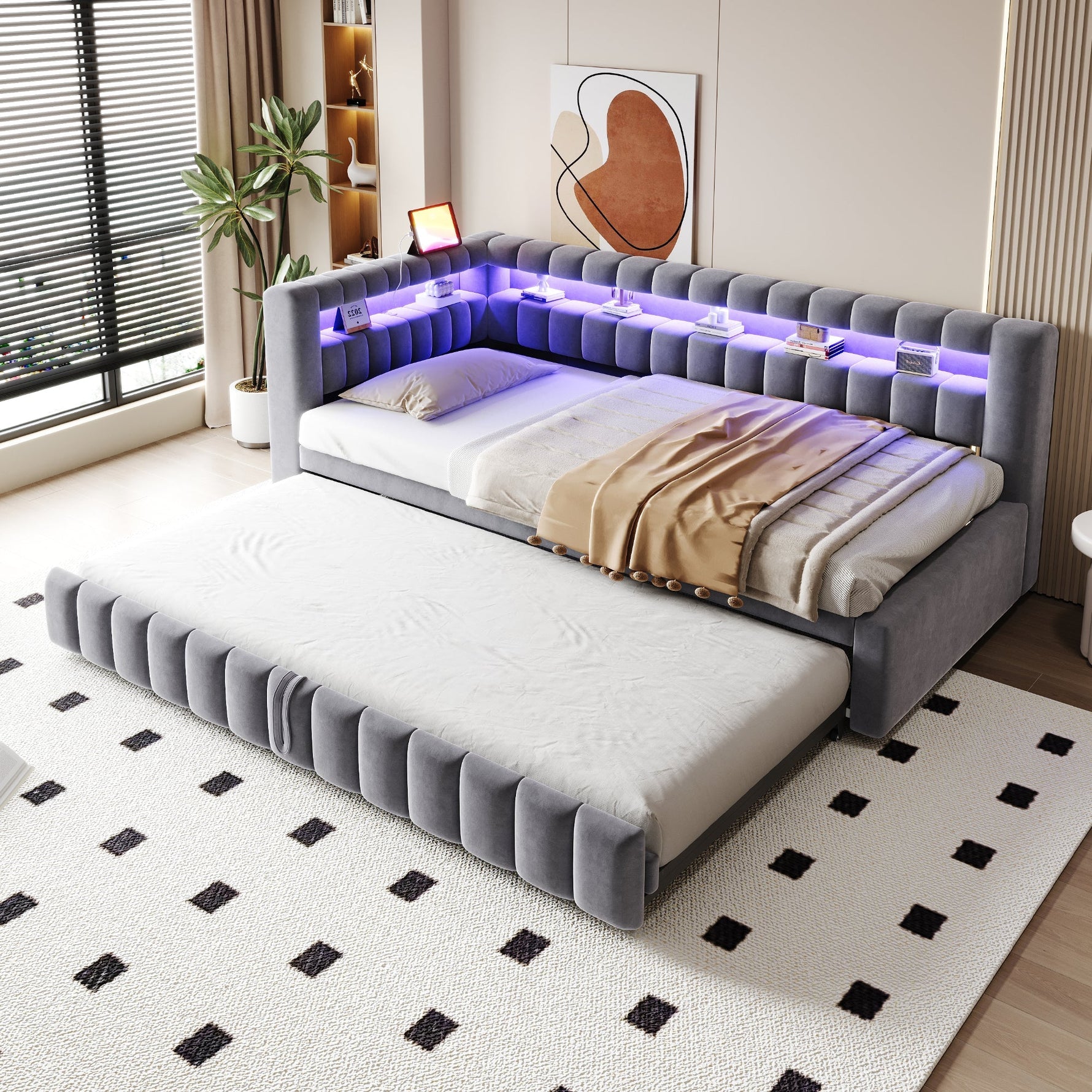 Upholstered Sofa Bed with LED Lighting and USB Charging, 90x200cm, Dark Grey Velvet