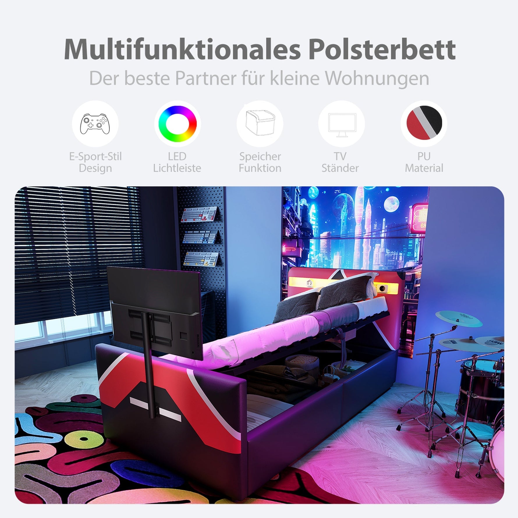 Children's Gaming Bed 90x200 with LED, Hydraulic Storage and TV Mount, PU Leather