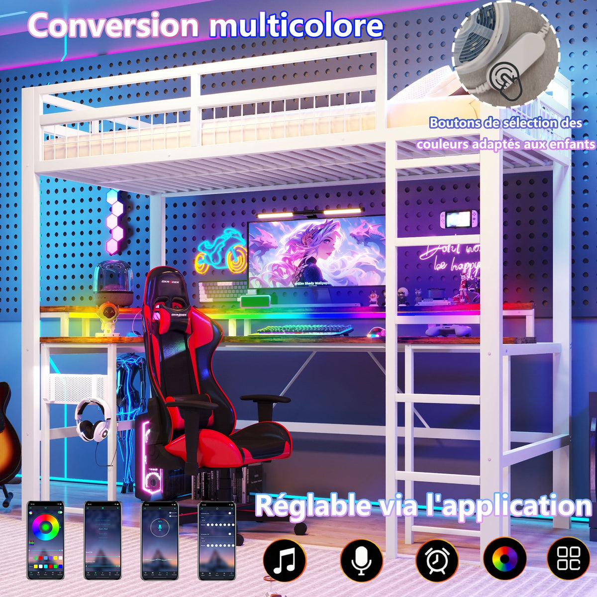 Loft Bed with Desk and LED Lights, USB Ports and Pegboard, White Iron Frame