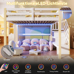 Loft Bed 140x200cm with LED Lights & Storage - White & Natural