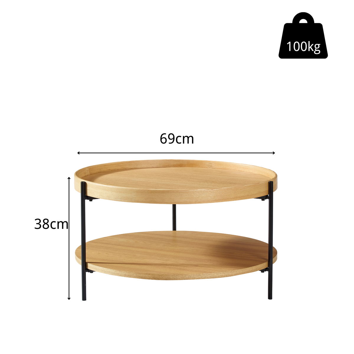 Coffee Table Modern 2-Tier Round Tray Wood & Iron