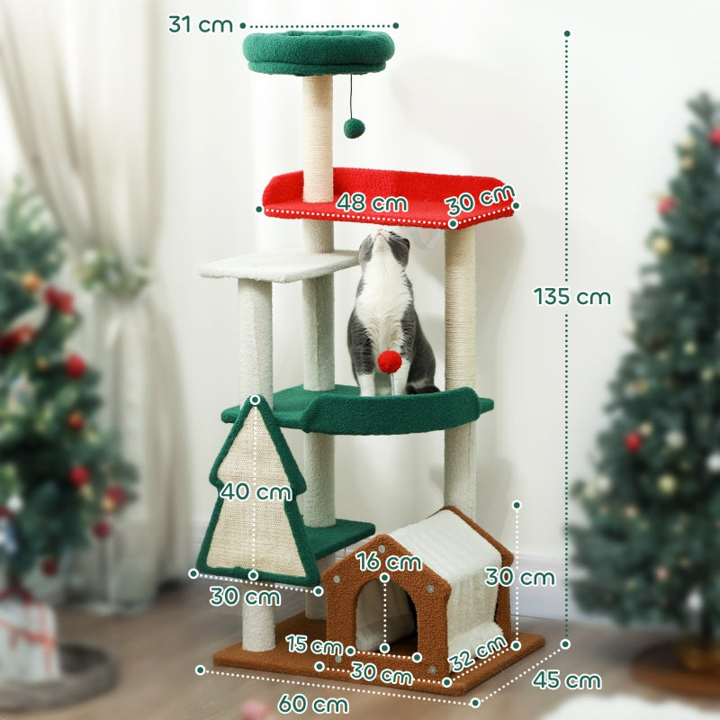 Christmas Cat Tree, 135cm with Bed, House, Scratching Posts, Toy Balls, Multi-color