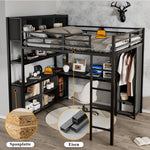 Iron Loft Bed, Double Storage, Desk & Wardrobe, Black 140x200cm