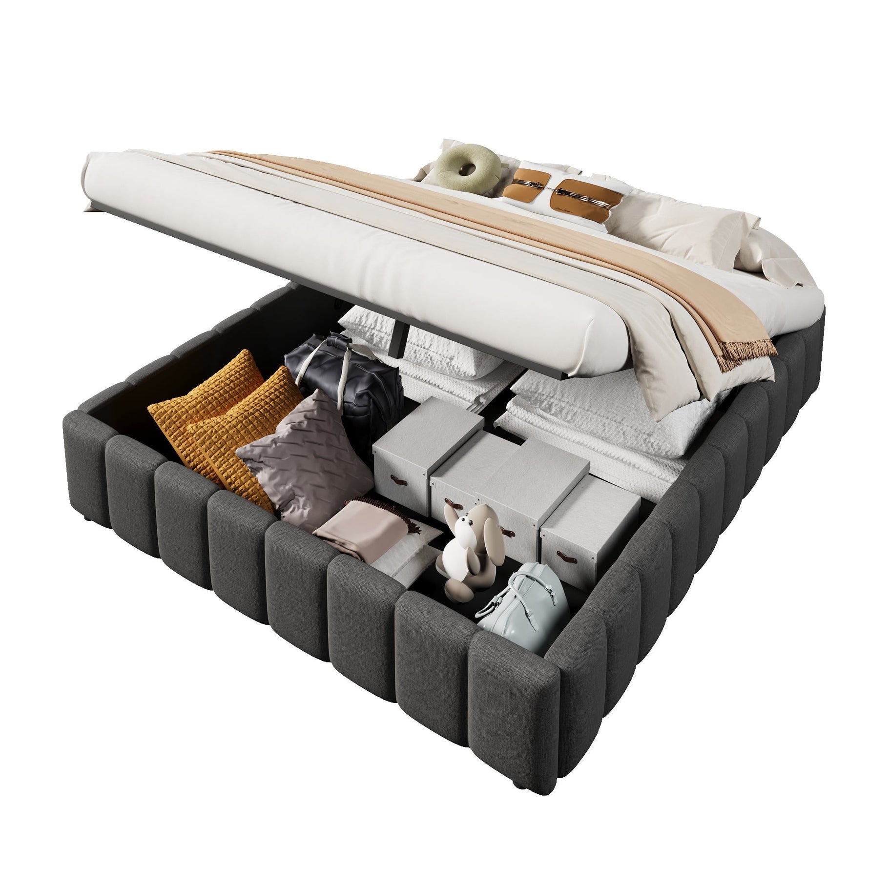 Upholstered Bed with Hydraulic Storage and No Headboard, 140x200cm, Grey Linen