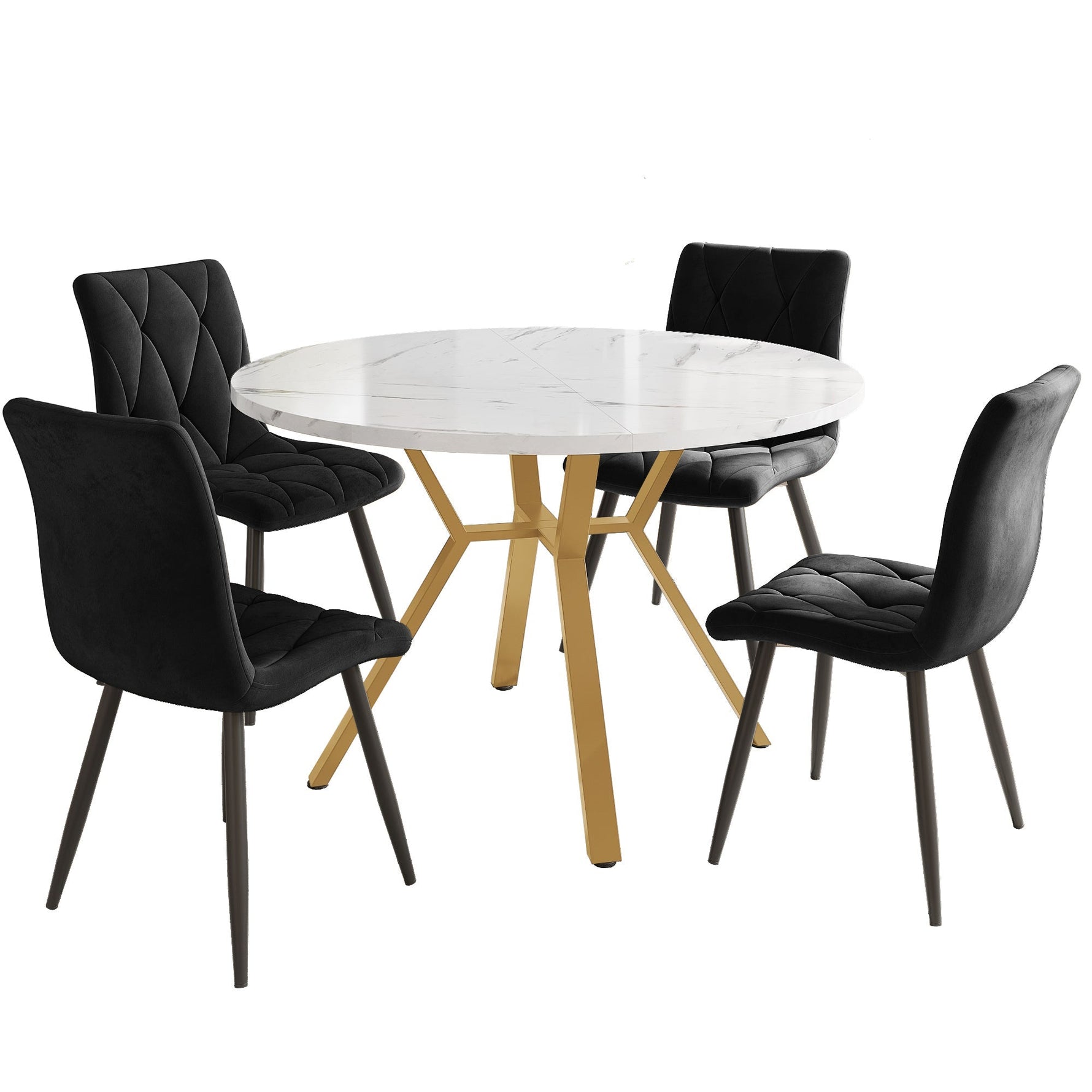 Dining Set 5-Piece Round Marble Table & 4 Velvet Chairs Gold Legs - Black