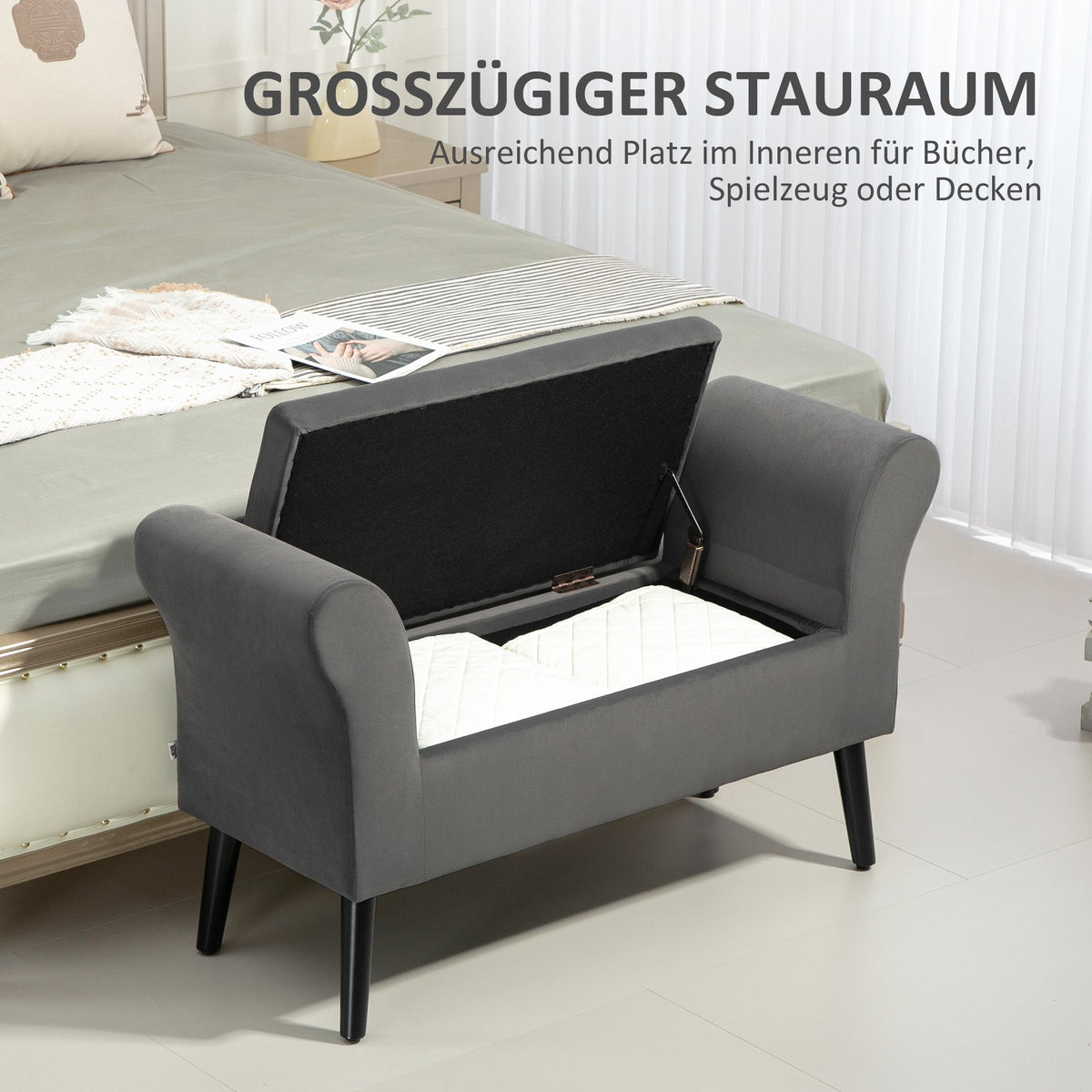Upholstered Bench with Storage Space, Armrests, Dark Grey Velvet