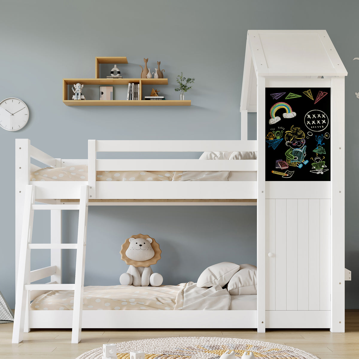 Children's Bunk Bed with Windows & Chalkboard, White Pine
