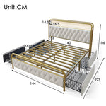 Upholstered Double Bed, USB-C Charging, APP-Control LED, 4 Drawers, Velvet