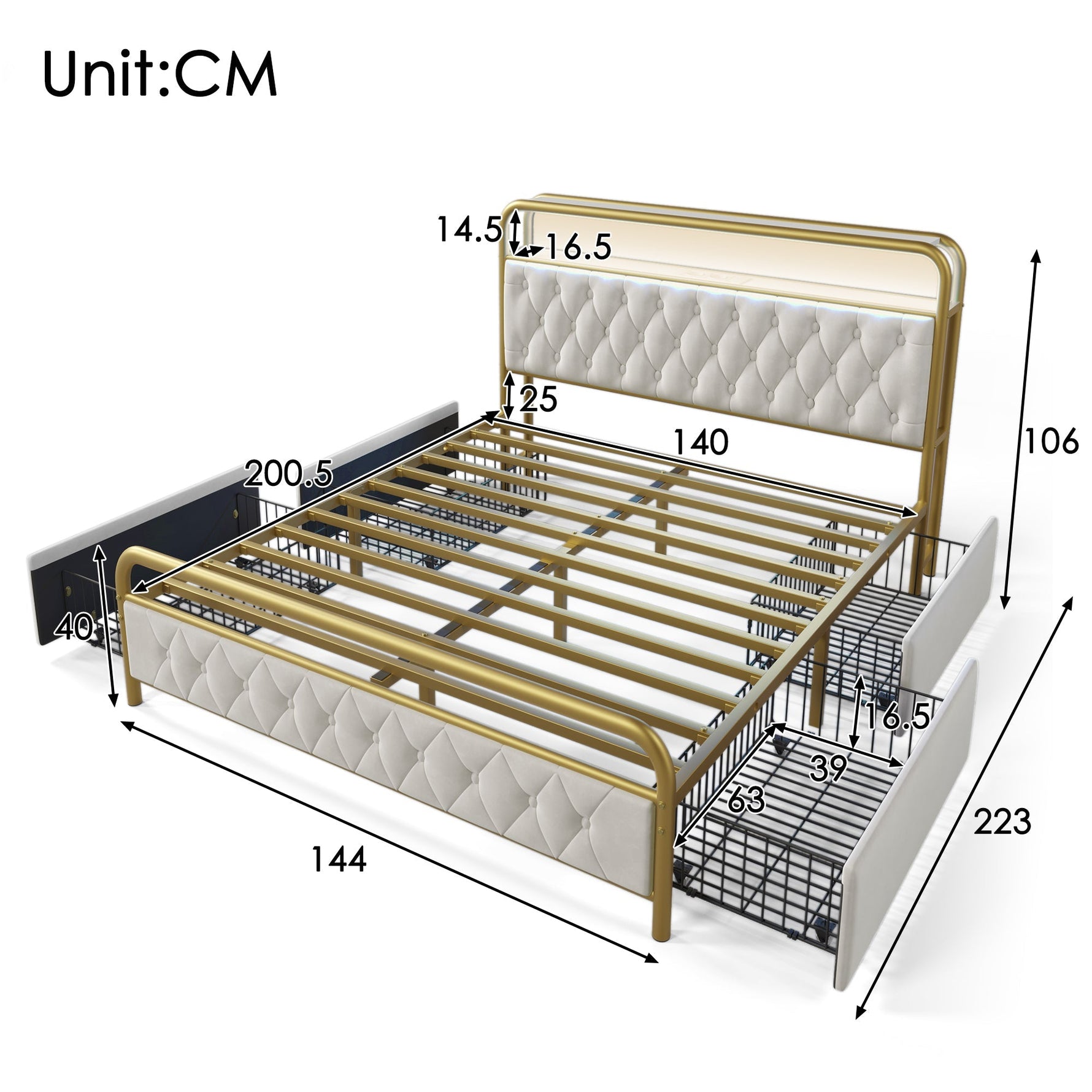 Upholstered Double Bed, USB-C Charging, APP-Control LED, 4 Drawers, Velvet