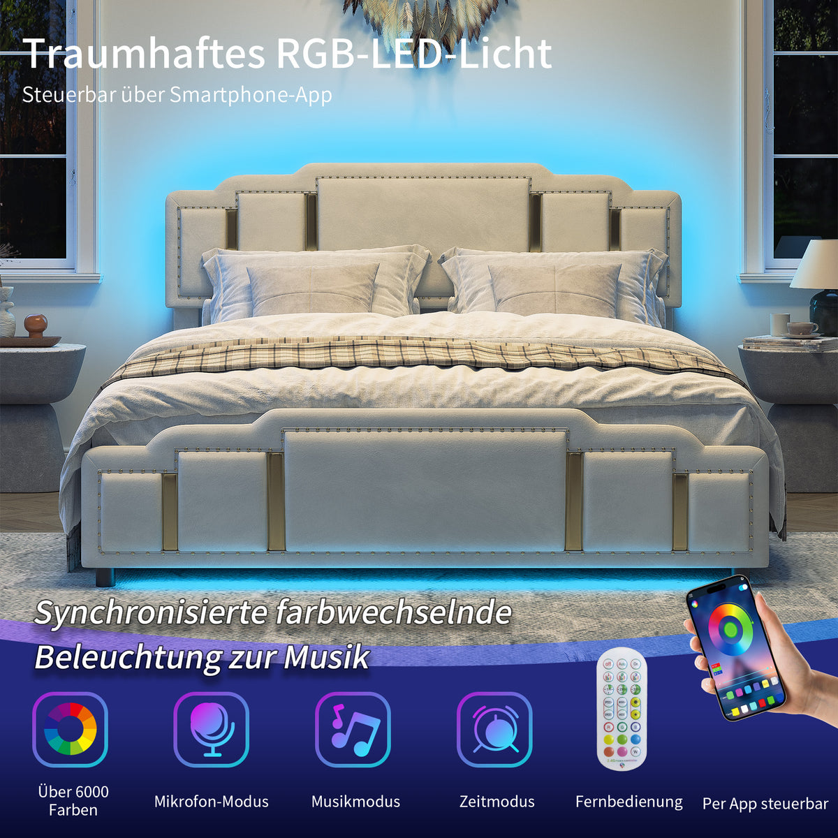 Double Bed 160x200cm with USB, LED & 4 Drawers, Dark Gray Linen