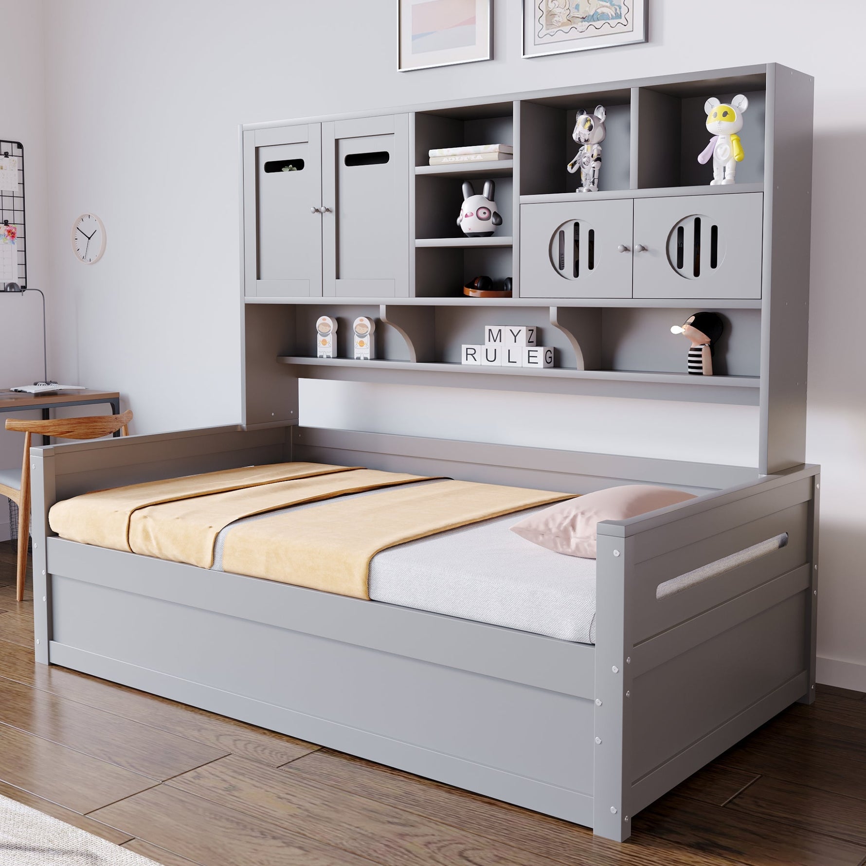 Sofa Bed, 90 x 200 cm Multifunctional Hydraulic Single Bed Frame, Grey Wood