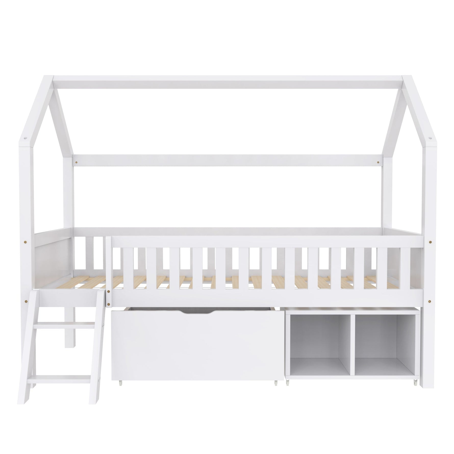 House Bed for Children and Youth 200x90 with Drawers, Storage and Anti-Drop Railing, White Pine