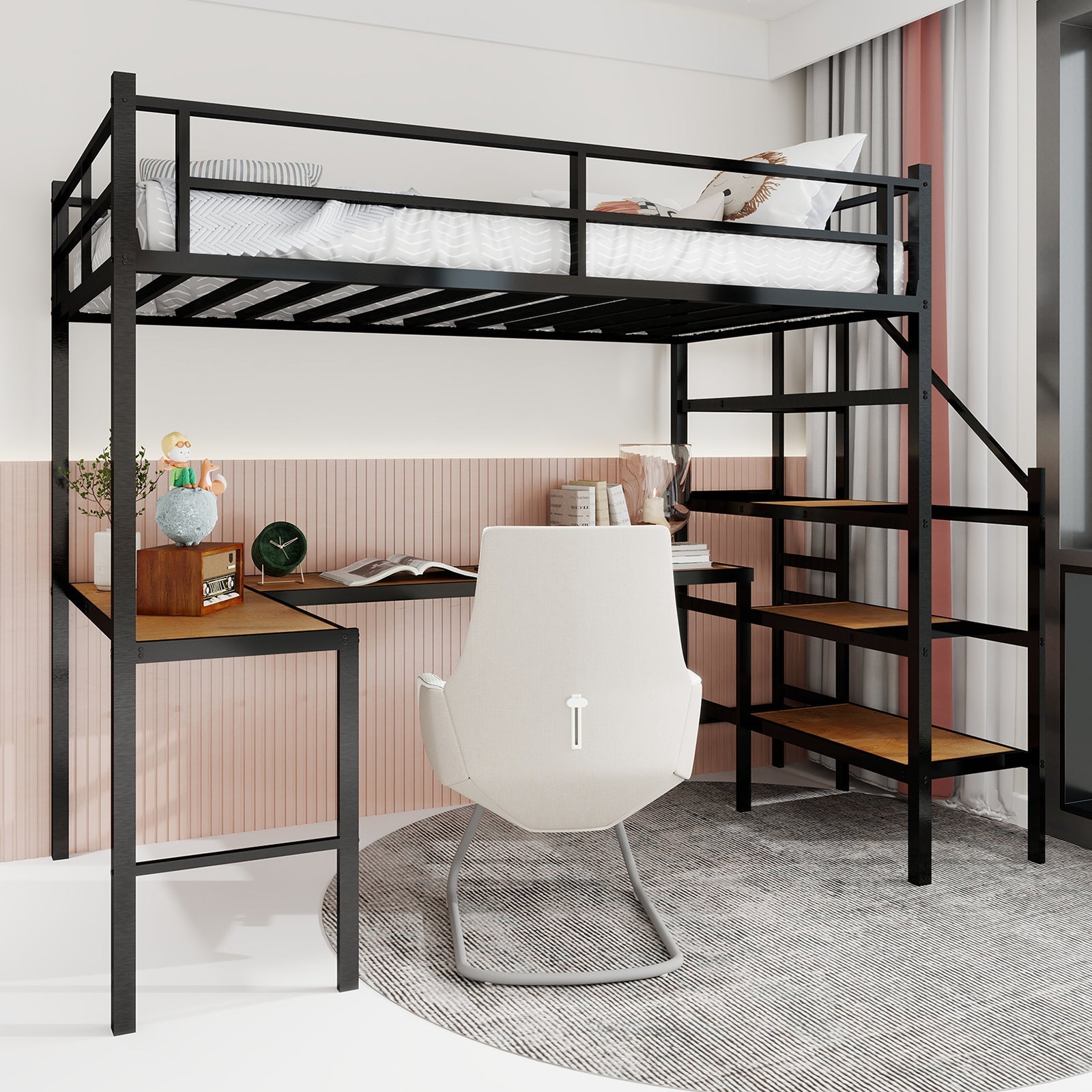 Loft Bed with L-shaped Desk, Storage & Stairs, Sturdy Metal