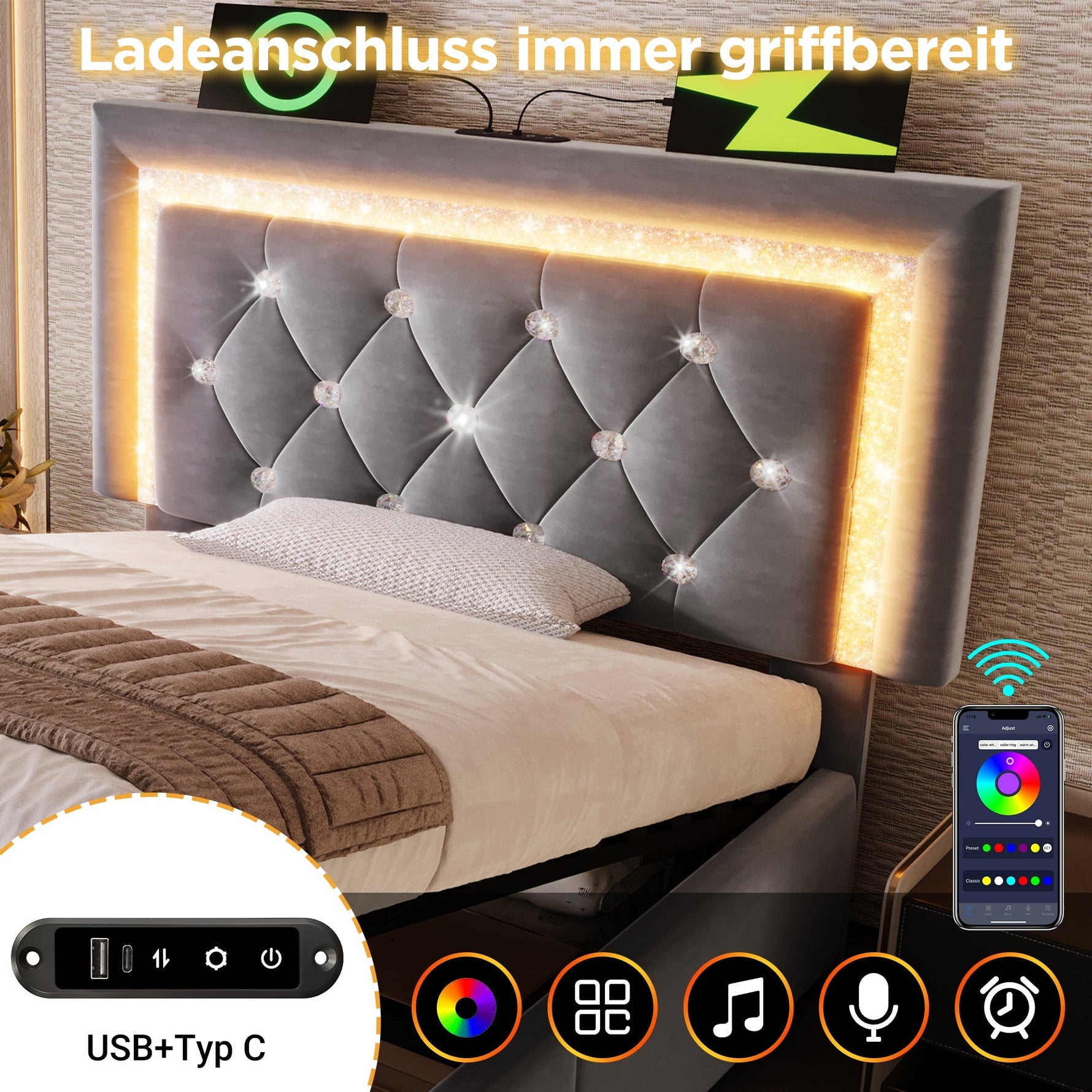 Upholstered Single Bed 90x200cm Hydraulic Storage LED USB Velvet Grey
