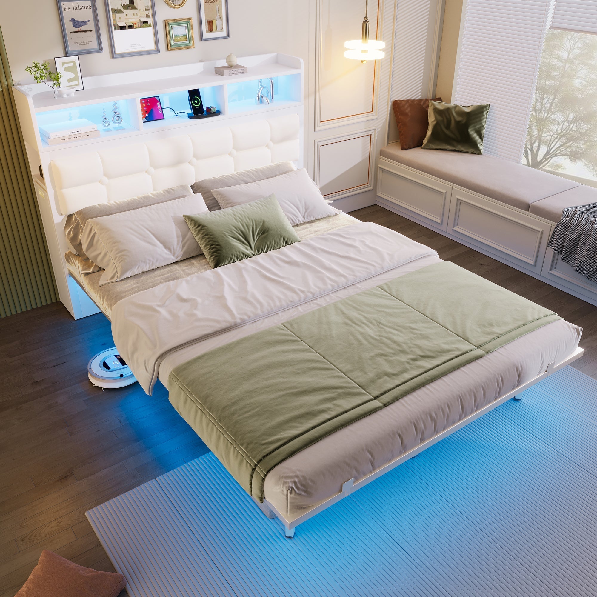 Double Bed 140x190cm 2 Pull-out Nightstands Storage USB/Type-C LED - White