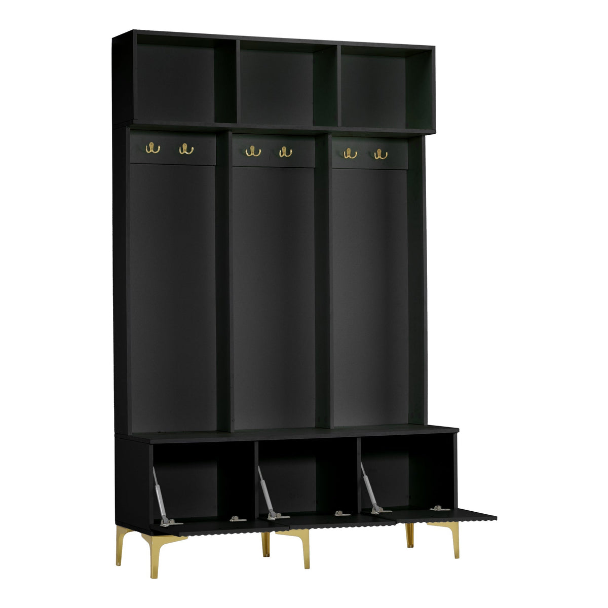 Wardrobe Set with Bench, Multifunctional Storage, Open Storage, 6 Golden Hooks, Black