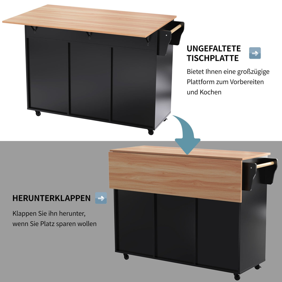 Dining Table Trolley with Folding Tabletop and Storage Cabinets, Black