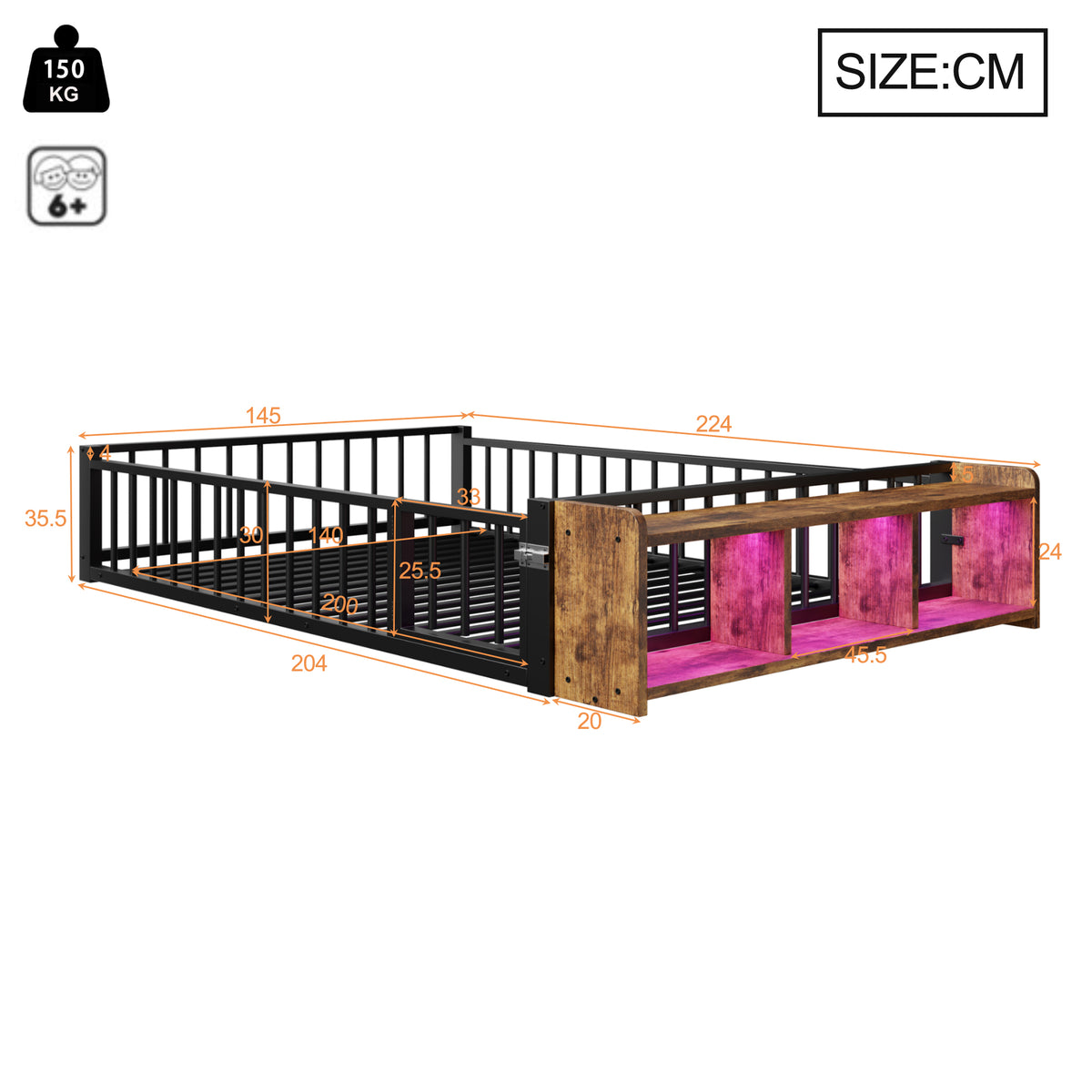 Metal Flatbed 140x200 cm with Lockers & LED Lights, Black