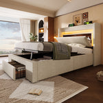 Upholstered Bed 90x200 cm with Hydraulic Storage, LED Lighting and USB Charging, Beige Linen