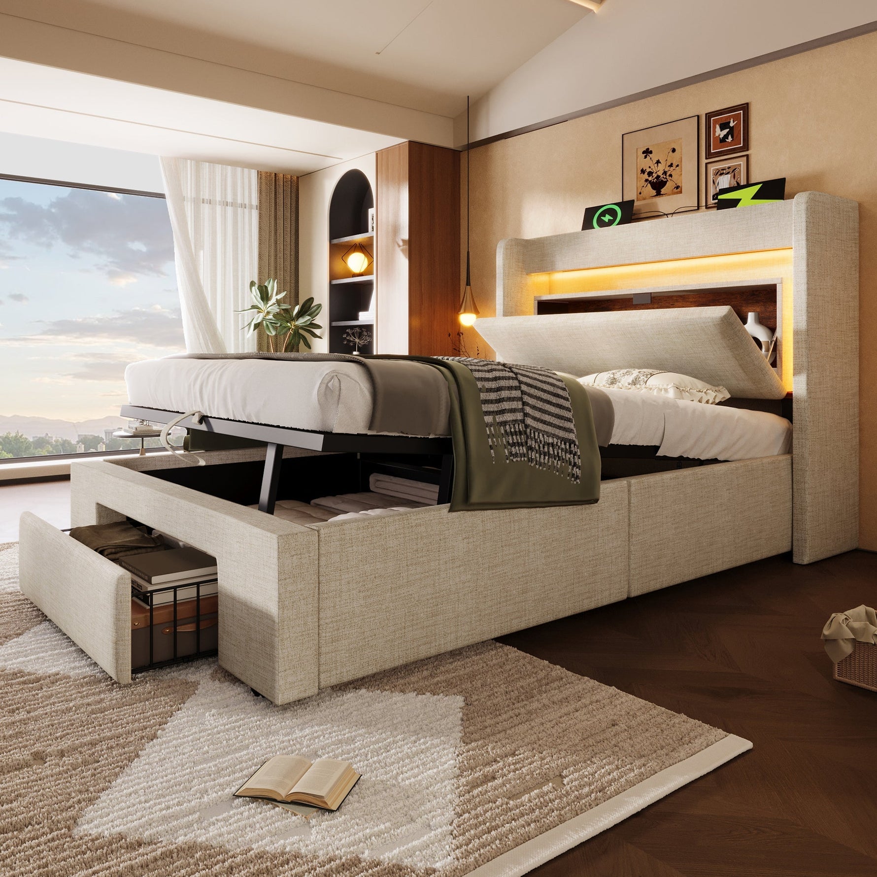 Upholstered Bed 90x200 cm with Hydraulic Storage, LED Lighting and USB Charging, Beige Linen