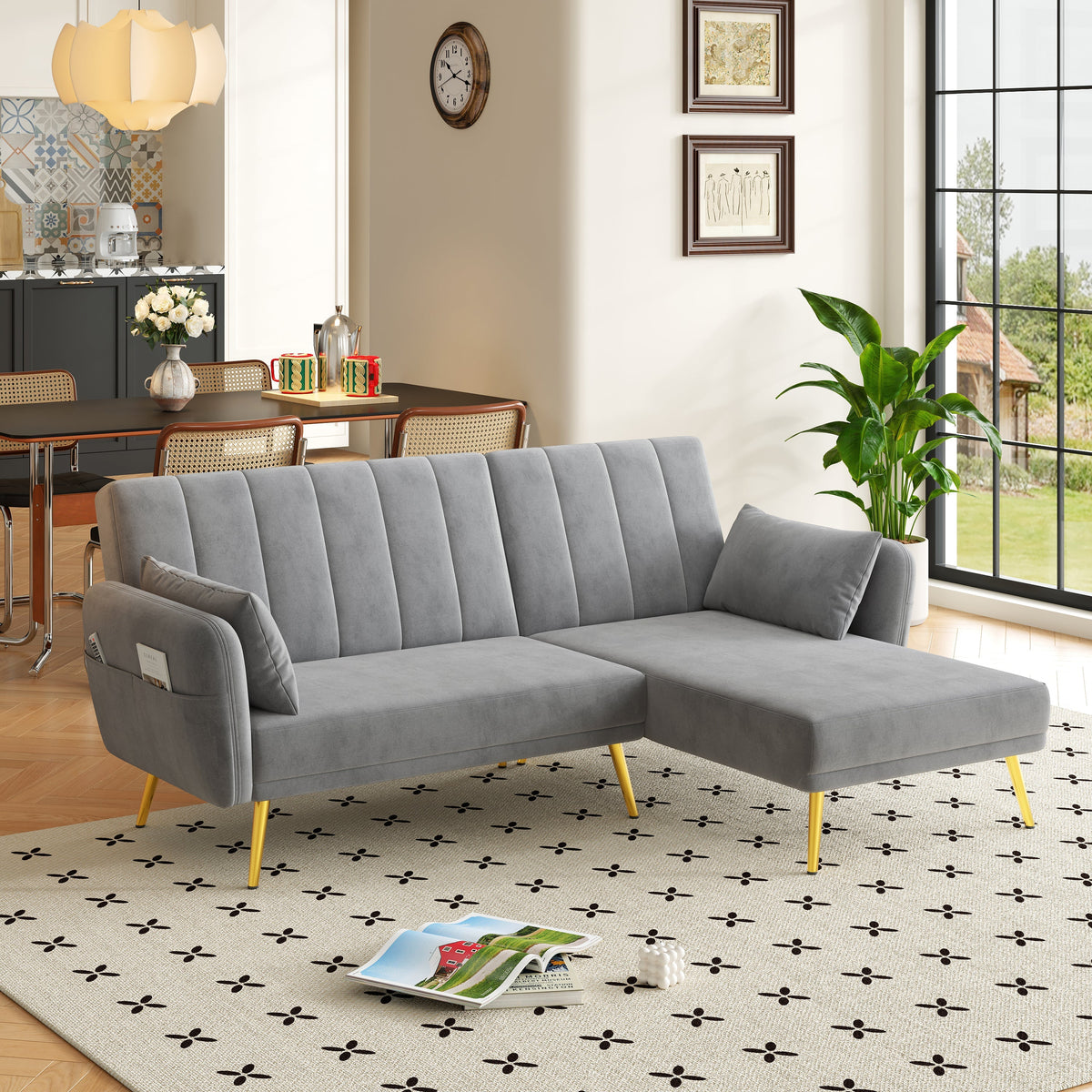 Modern L-Shaped Fold-Out Sleeper Sofa with 3-Position Adjustable Backrest, Velvet