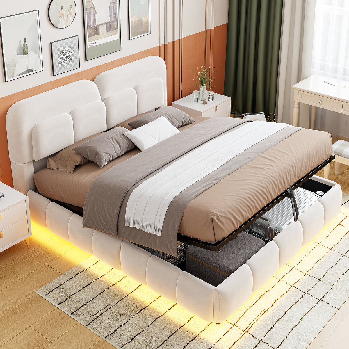Upholstered Double Bed 140x200 Light Strip Storage Beige Velvet