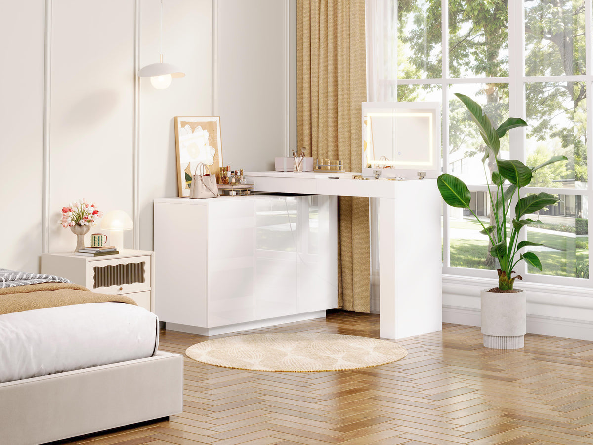 L-Shaped Rotating Vanity Table with LED Lighting, High-Gloss White